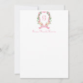 Roze bloemige monogram top crest bedankkaart (Voorkant)
