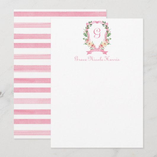 Roze bloemige monogram top crest bedankkaart (Voorkant / Achterkant)