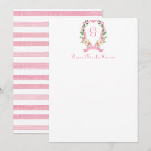 Roze bloemige monogram top crest bedankkaart