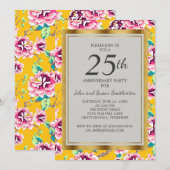 Roze bloemige mosterdgeel 25-jarig jubileumfeestje kaart (Voorkant / Achterkant)