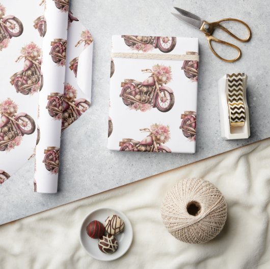 Roze Bloemige Motorfiets Verjaardag Cadeaupapier (Crafts)