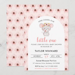 Roze Bloemige Muis Baby Shower Kaart
