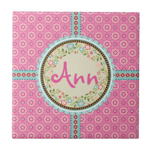 Roze & Bloemige Naamlabel & Lint Tegeltje