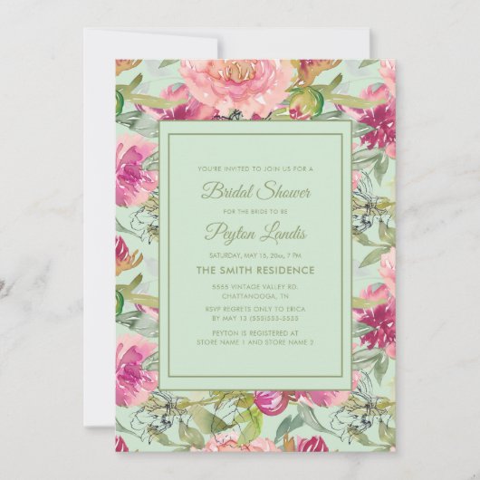 Roze bloemige neo mintgroene bruiloftsborrel kaart (Voorkant)