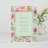 Roze bloemige neo mintgroene bruiloftsborrel kaart (Staand voorkant)