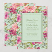 Roze bloemige neo mintgroene bruiloftsborrel kaart (Voorkant / Achterkant)