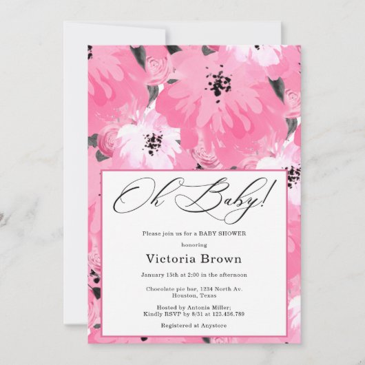 Roze Bloemige Oh Baby Shower Uitnodiging (Voorkant)