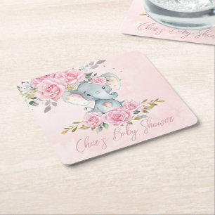 Roze bloemige olifant baby shower kartonnen onderzetters