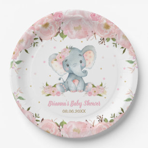 Roze Bloemige Olifant Baby Shower Verjaardag Papieren Bordje