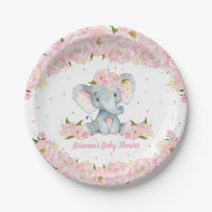 Roze Bloemige Olifant Baby Shower Verjaardag Papieren Bordje