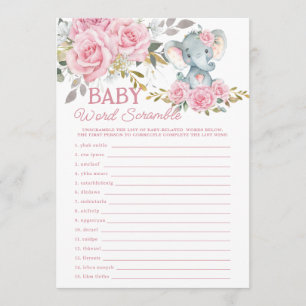 Roze bloemige olifant baby woord hussel spel notitiekaartje