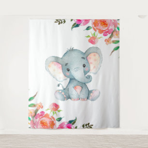 Roze Bloemige Olifant Babykamer Wandkleed
