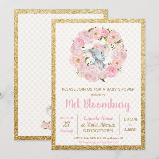 Roze bloemige olifant babyshower uitnodiging meisj (Voorkant / Achterkant)