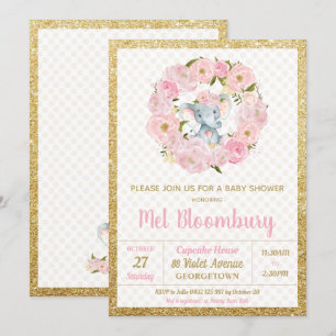 Roze bloemige olifant babyshower uitnodiging meisj