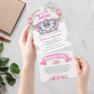 Roze Bloemige Olifant Tweeling Meisjes Baby Shower All In One Uitnodiging