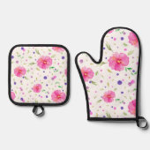 Roze bloemige ovenhandschoen en pot houder set (Voorkant)