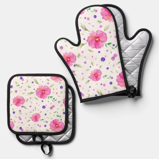 Roze bloemige ovenhandschoen en pot houder set (Voorkant / Achterkant)