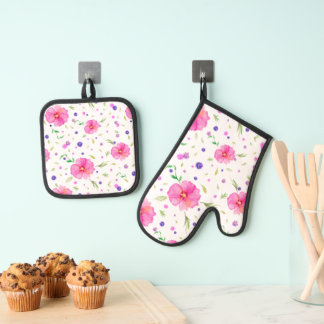 Roze bloemige ovenhandschoen en pot houder set