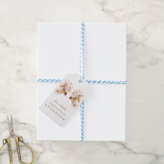 Roze Bloemige Pampagras Gedroogde Palmbladeren Bru Cadeaulabel (Met Touw)