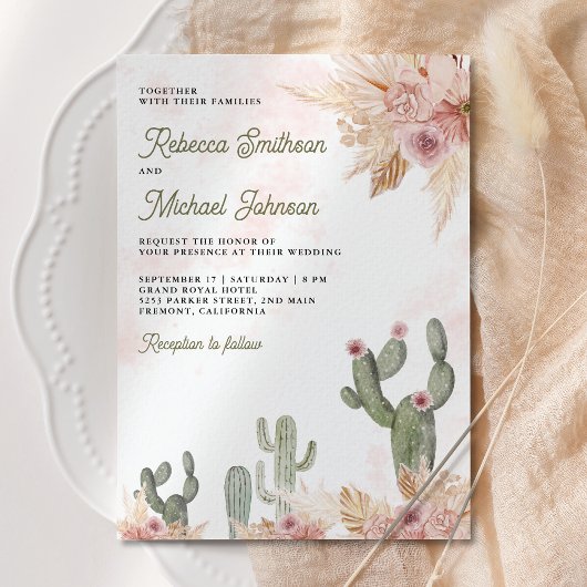 Roze Bloemige Pampas Cactus QR Code Foto Bruiloft Kaart
