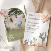 Roze Bloemige Pampas Cactus QR Code Foto Bruiloft Kaart