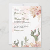 Roze Bloemige Pampas Cactus QR Code Foto Bruiloft Kaart (Voorkant)
