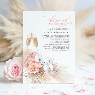 Roze bloemige Pampas gras brunch en bubbels Kaart