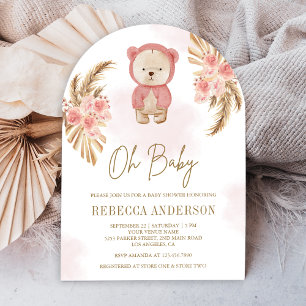 Roze Bloemige Pampas Teddybeer Boog Baby Shower Kaart