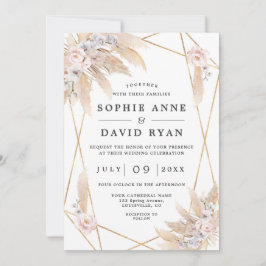 Roze bloemige Pampasgras Goud All In One Trouwen  Kaart