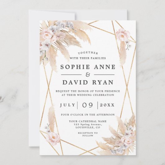 Roze bloemige Pampasgras Goud All In One Trouwen  Kaart (Voorkant)