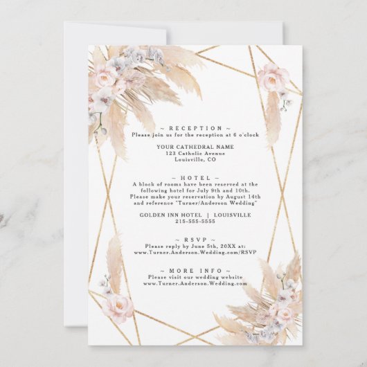 Roze bloemige Pampasgras Goud All In One Trouwen  Kaart (Achterkant)