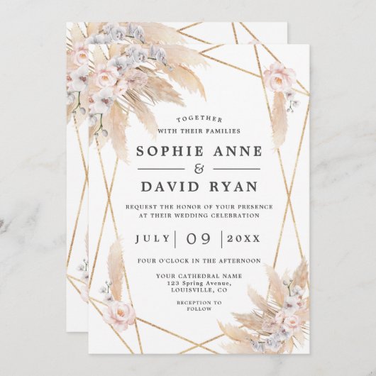 Roze bloemige Pampasgras Goud All In One Trouwen  Kaart (Voorkant / Achterkant)