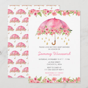 Roze Bloemige Paraplu Baby Shower Kaart