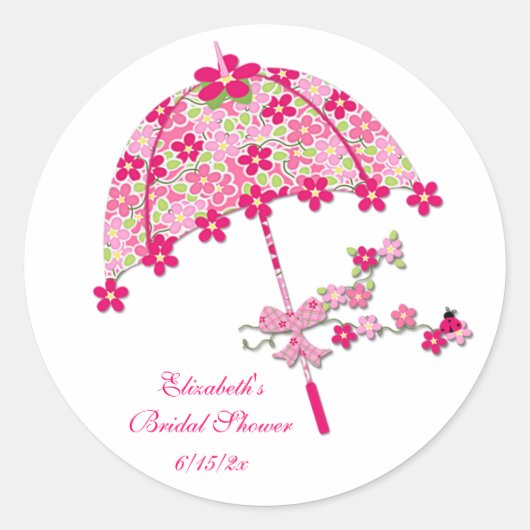 Roze bloemige paraplu ronde sticker (Voorkant)