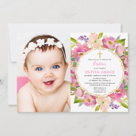 Roze bloemige pasteltinten Doopmeisje foto Kaart (Voorkant)