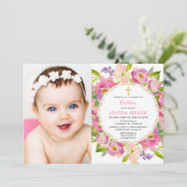 Roze bloemige pasteltinten Doopmeisje foto Kaart (Staand voorkant)