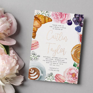 Roze Bloemige Pioen Bruiloft Brunch Roze Goud Folie Uitnodiging