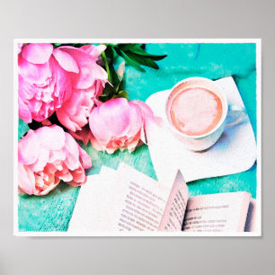 Roze Bloemige Pioen Gezellige Latte Waterverf Poster