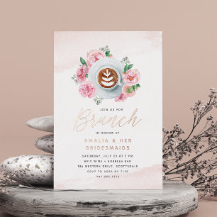 Roze Bloemige Pioen & Koffie Bruidsmeisjes Brunch Folie Uitnodiging