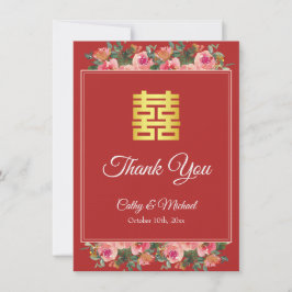 Roze bloemige pioenrood moderne Chinese bruiloft Bedankkaart