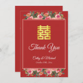 Roze bloemige pioenrood moderne Chinese bruiloft Bedankkaart (Voorkant / Achterkant)