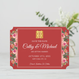 Roze bloemige pioenrood moderne Chinese bruiloft Save The Date