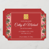 Roze bloemige pioenrood moderne Chinese bruiloft Save The Date (Voorkant / Achterkant)