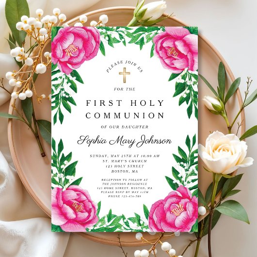 Roze bloemige pioenrozen religieuze eerste communi kaart