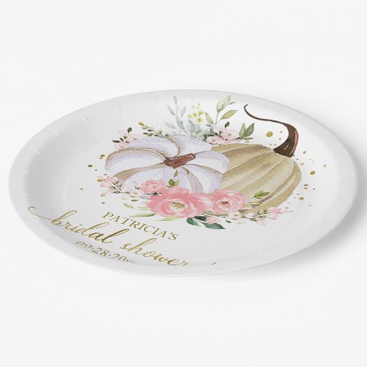 Roze Bloemige Pompoen Herfst Bruidsdiner Papieren Bordje (Gekanteld)