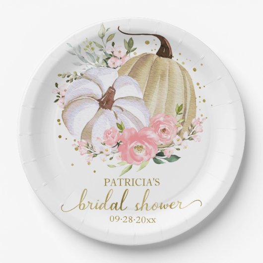 Roze Bloemige Pompoen Herfst Bruidsdiner Papieren Bordje (Voorkant)