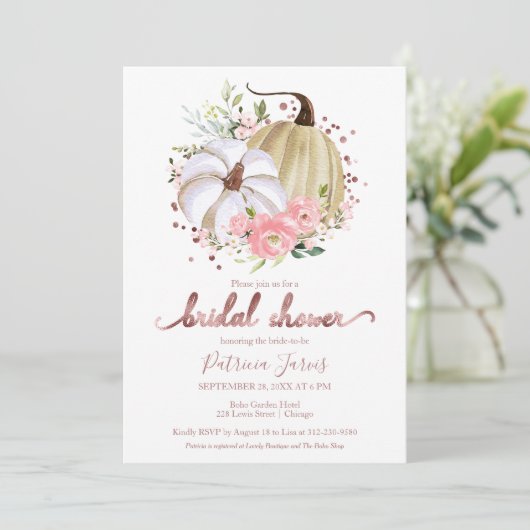 Roze Bloemige Pompoen Herfst Bruidsmeisjes Uitnodi Kaart (Staand voorkant)