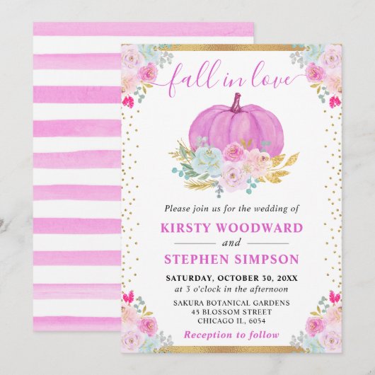 Roze Bloemige Pompoen Herfst Bruiloft Kaart (Voorkant / Achterkant)