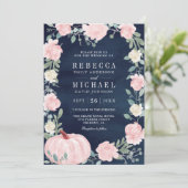 Roze bloemige pompoen QR-code marine huwelijksfees Kaart (Staand voorkant)