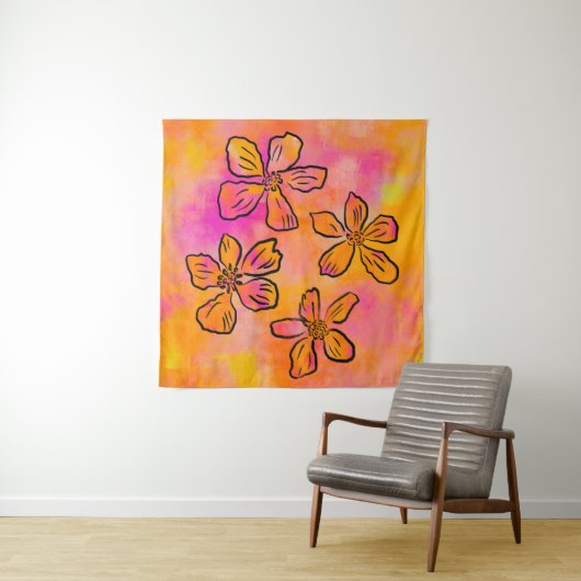 Roze Bloemige Pop Wandkleed (In situ)